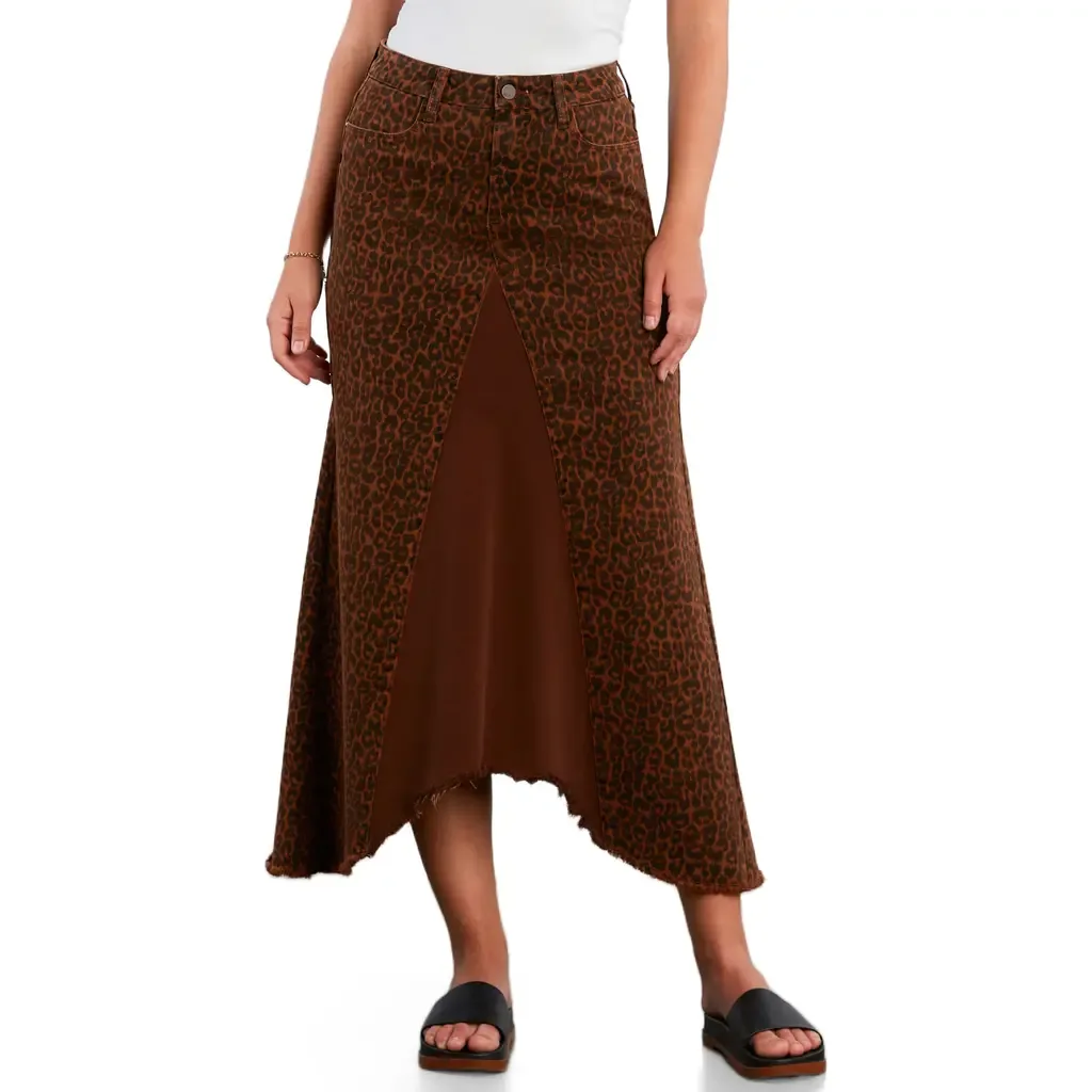 Leopard Print Pieced Denim Midi Skirt by Wash Lab Denim