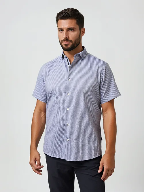 Seersucker Striped SS Button-Up Shirt by Stone Rose