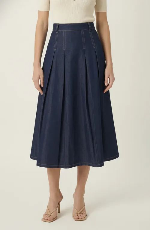 High Waist Pleated Detail A-Line Midi Skirt by Modenaire