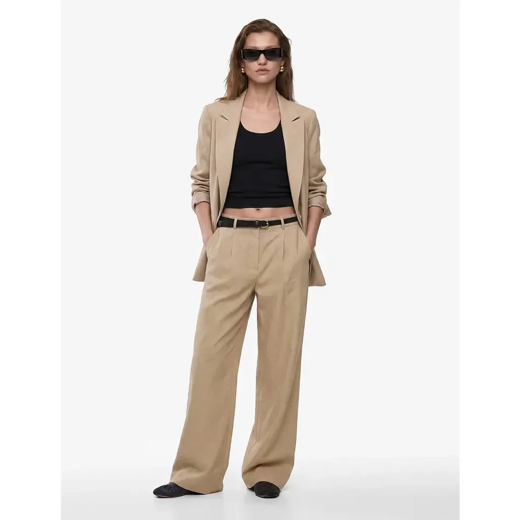 Mid Rise Linen Blend Belted Trousers by Koton
