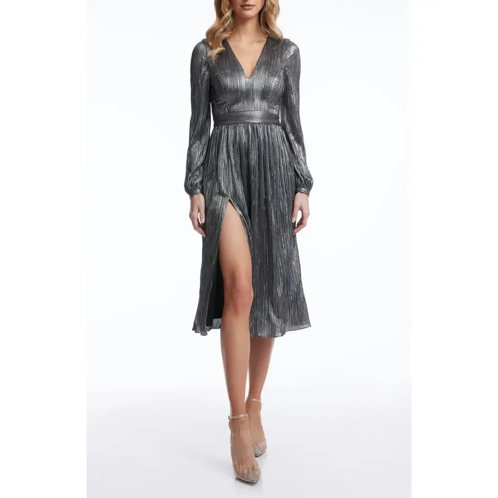 Holly Long Sleeve Metallic Plissé Dress by Dress the Population