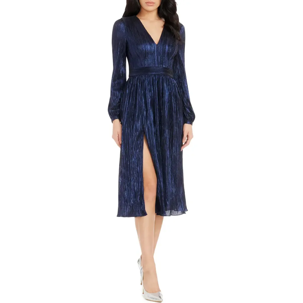 Holly Long Sleeve Metallic Plissé Dress