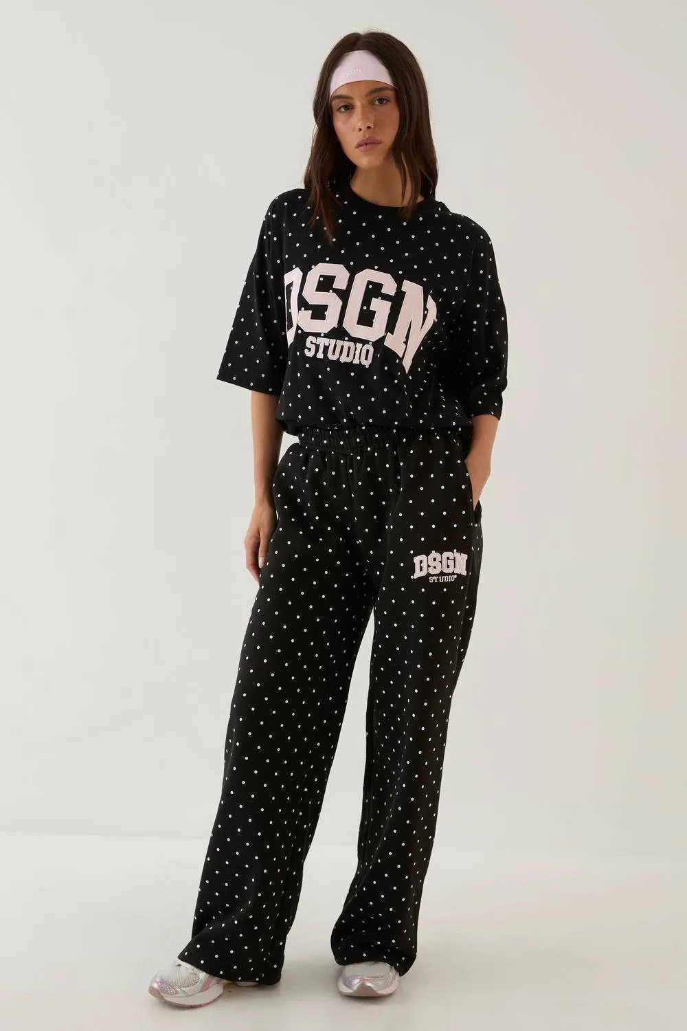 Polka Dot Applique Straight Leg Jogger Pants by DSGN Studio