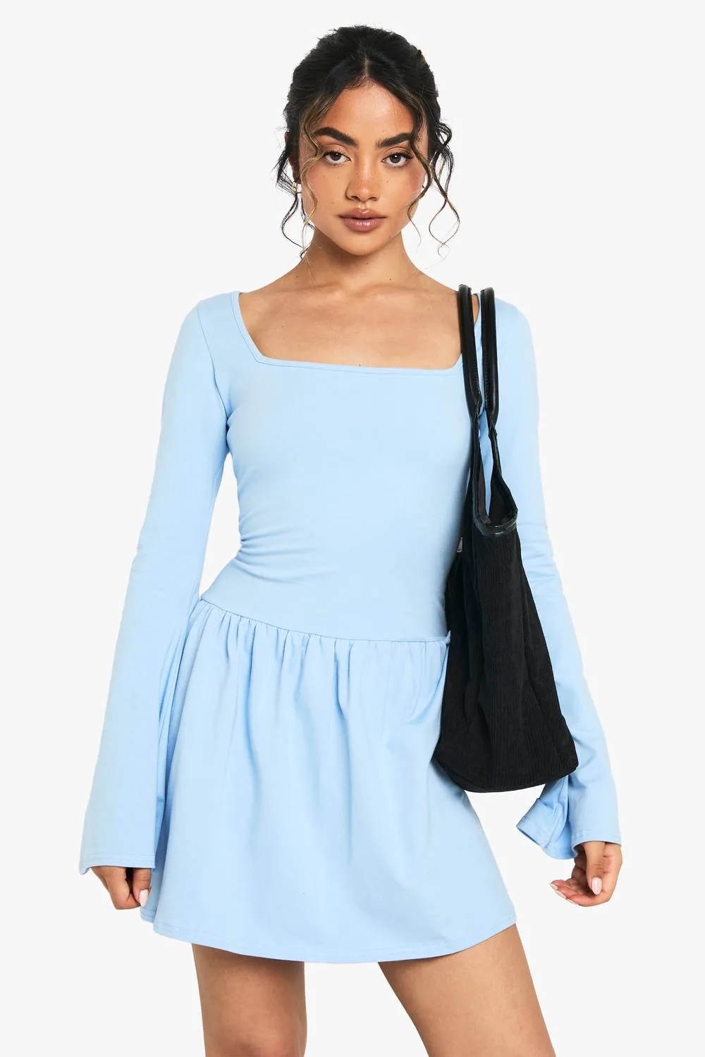 Square Neck Dropped Puff Ball Hem Mini Dress by boohoo