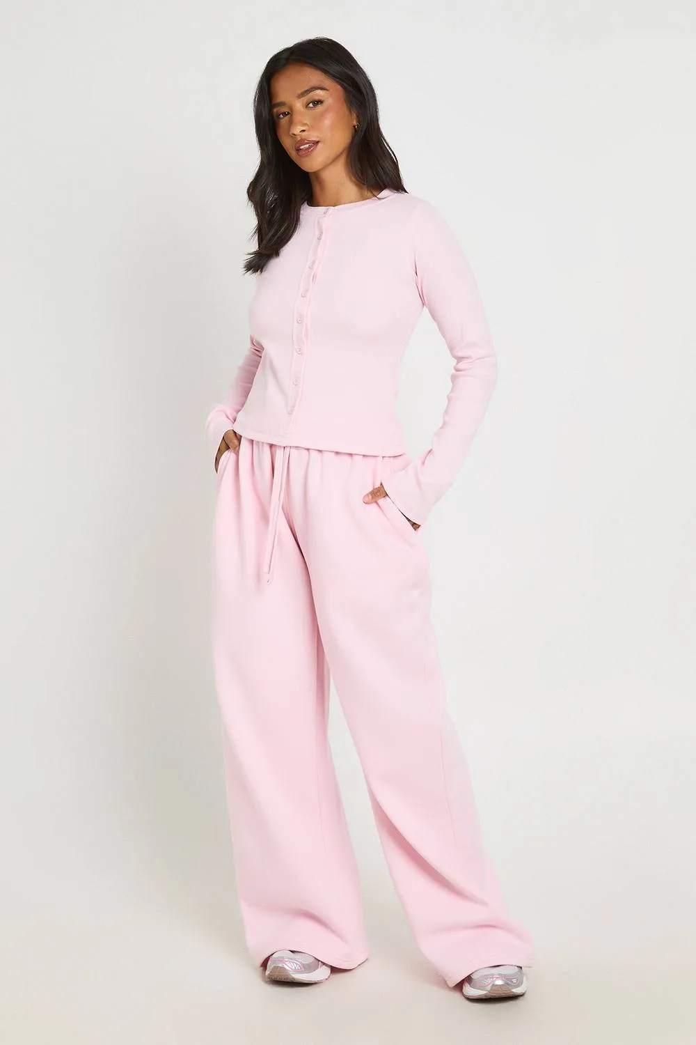 Rib Button Through Long Sleeve Top Tracksuit by boohoo