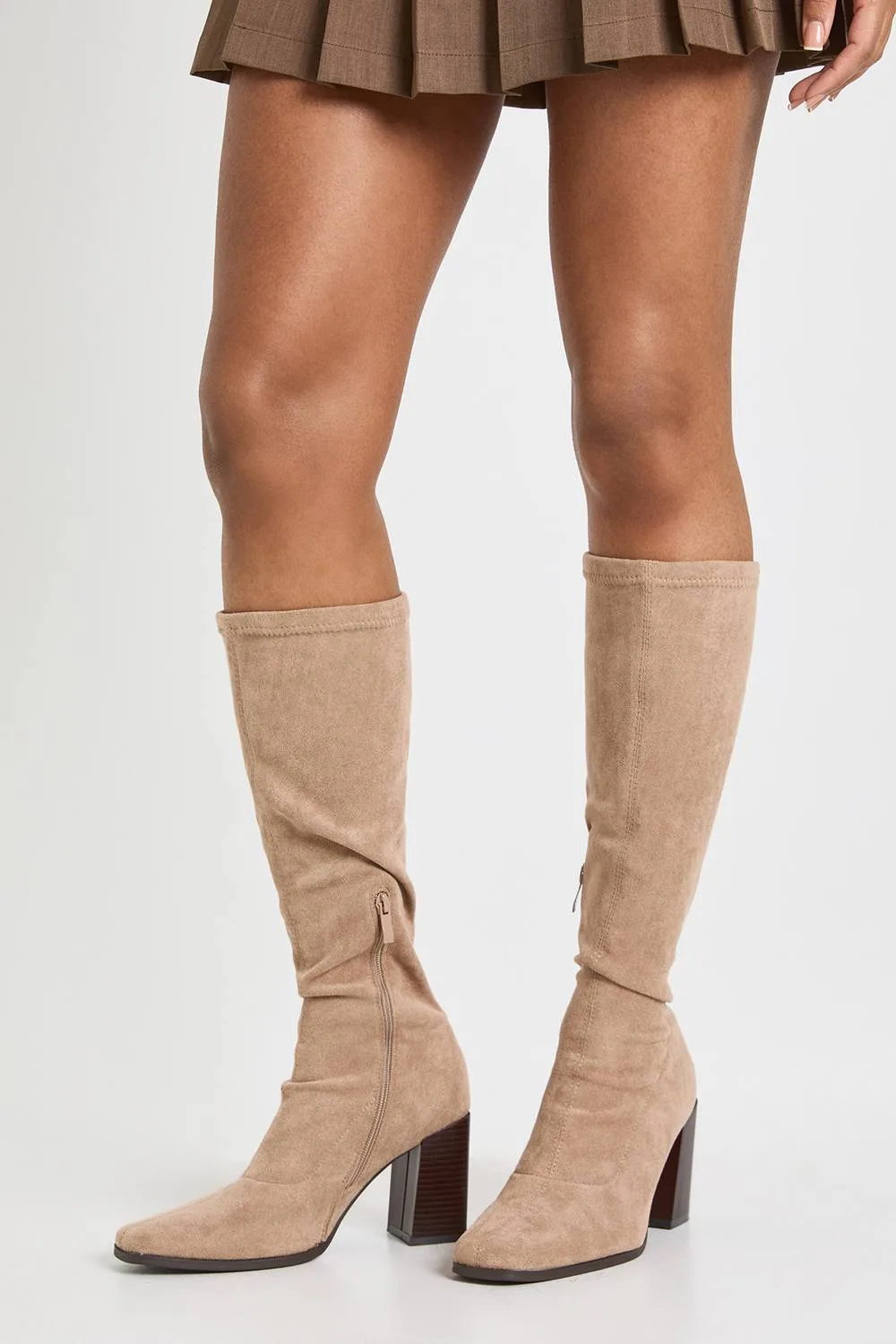 Faux Suede Block Stacked Heel Knee High Boots