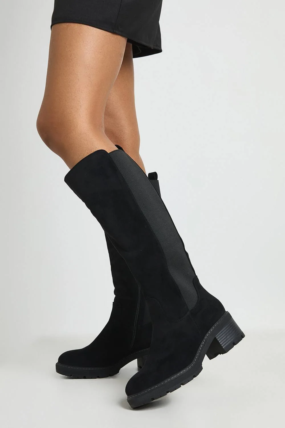 Wide Fit Faux Suede Panel Detail Chunky Knee High Boots by boohoo