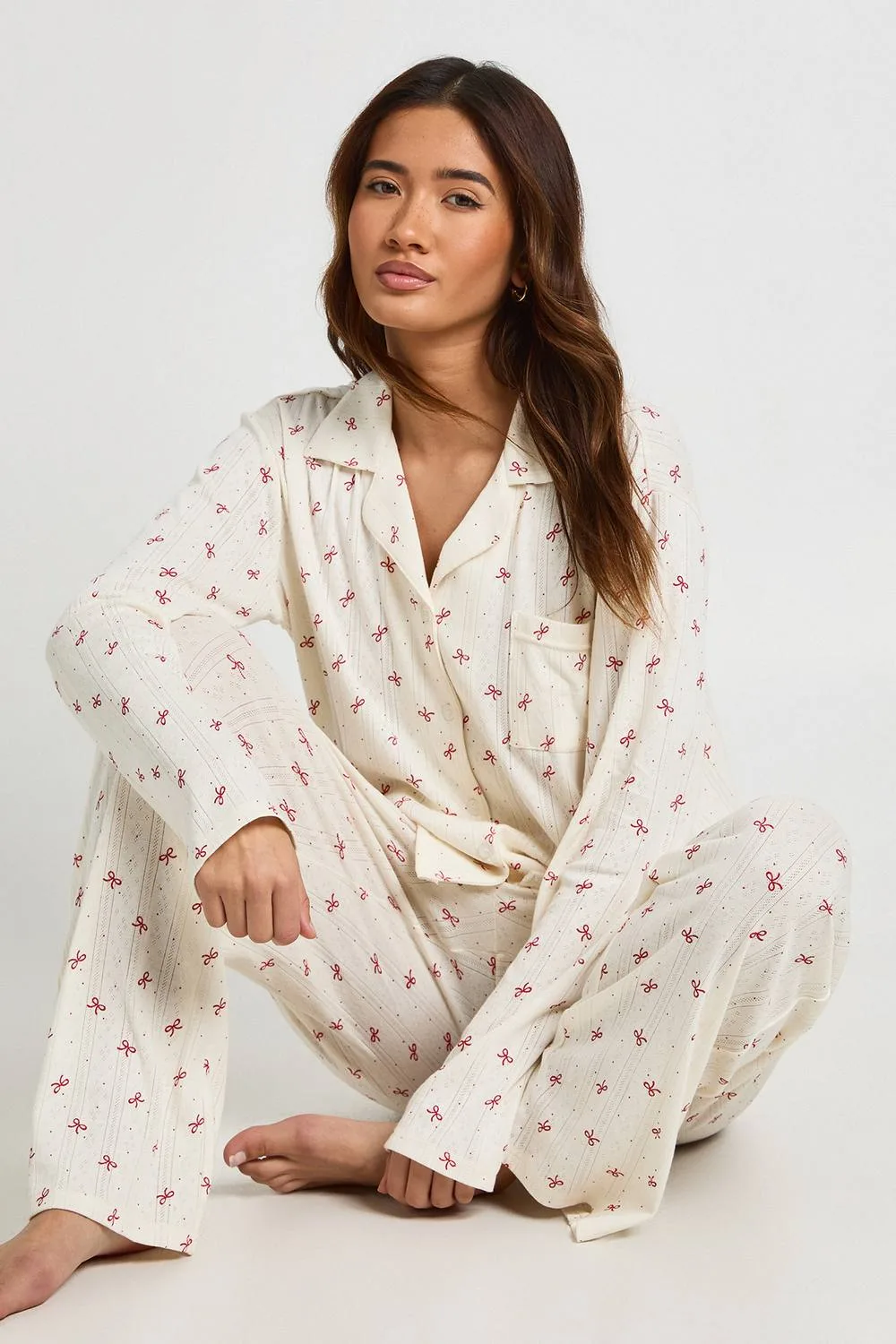 Bow Print Pointelle Long Sleeve Shirt & Trousers Pyjama Set by boohoo