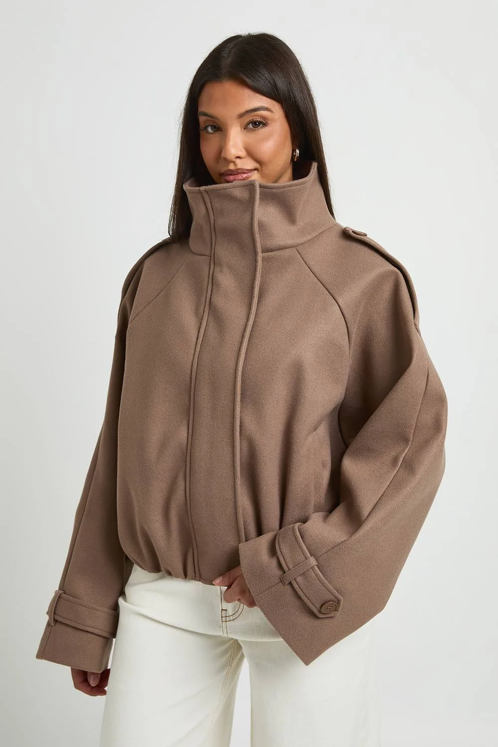 Funnel Neck Belt Detail Bomber Jacket by boohoo