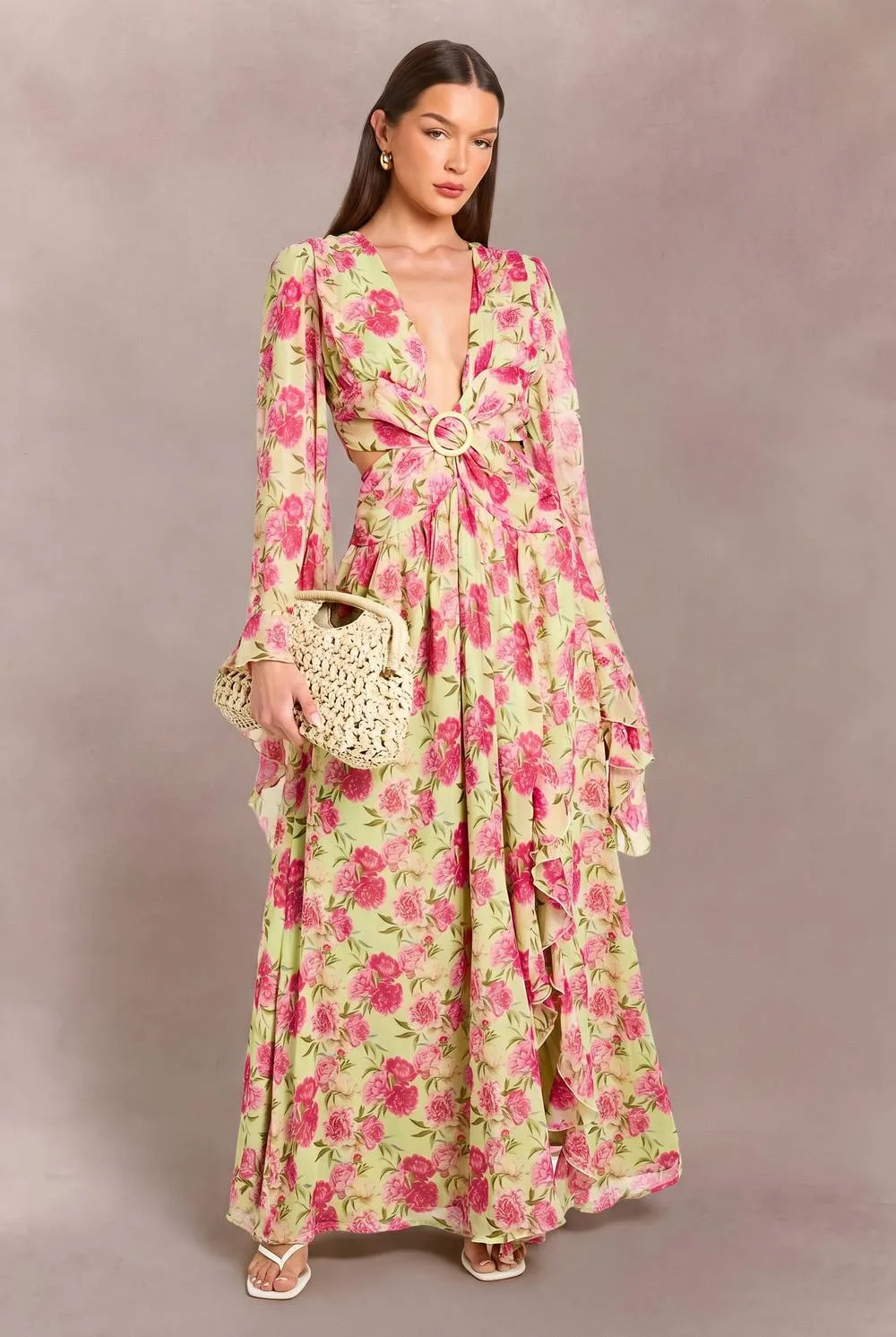 Chiffon Floral Plunge Front Floor Sweeping Maxi Dress by boohoo