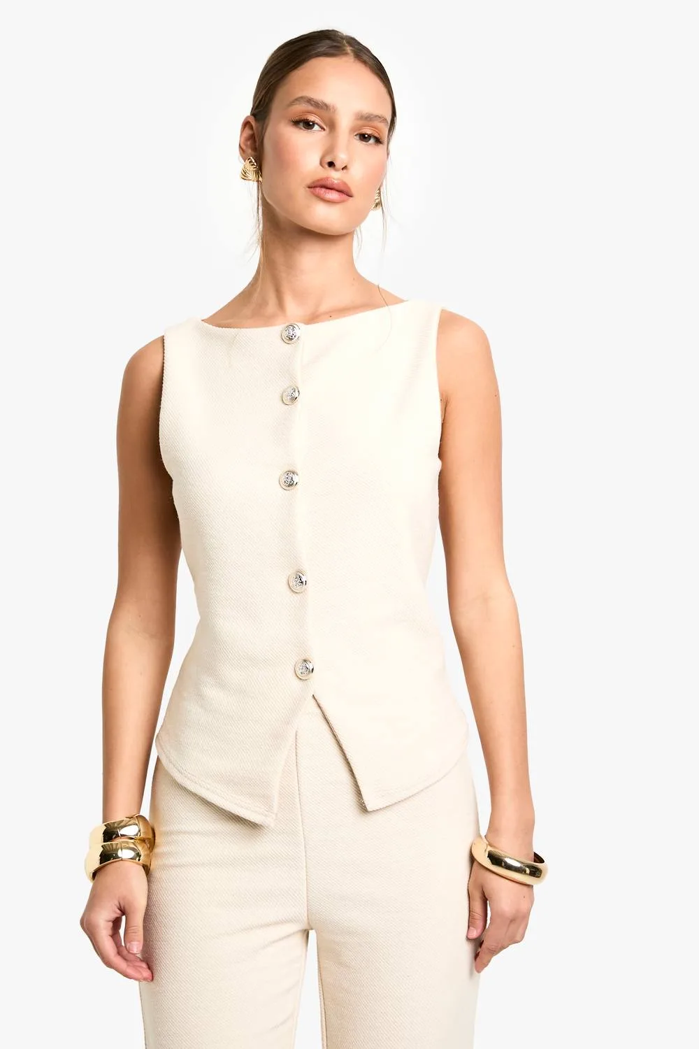 Textured Button Through Waistcoat by boohoo