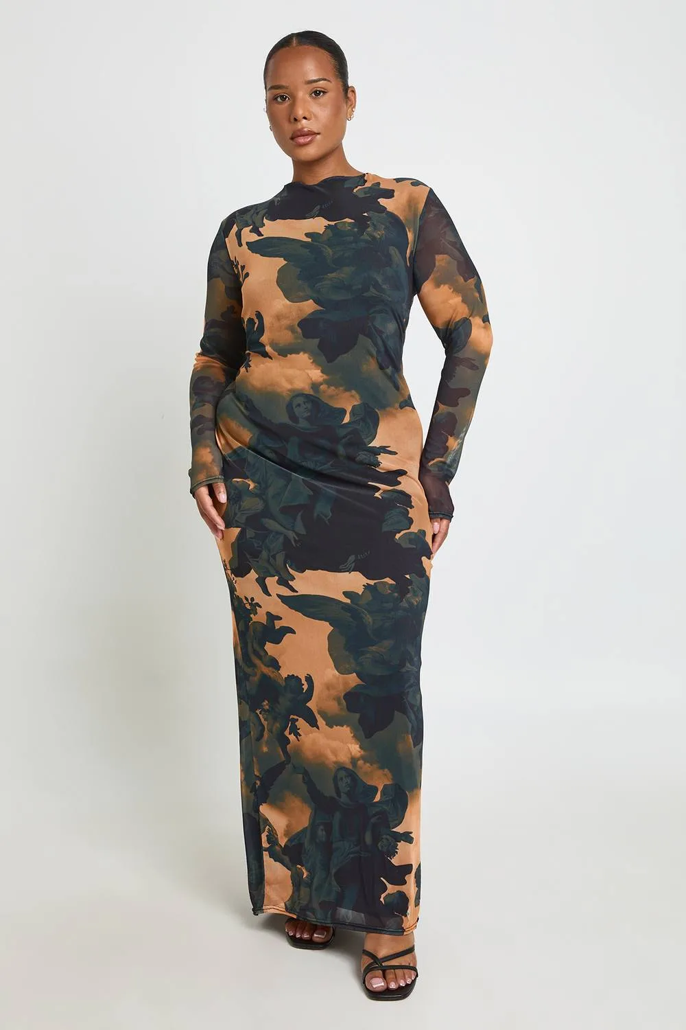 Printed Mesh Low Back Maxi Dress by boohoo