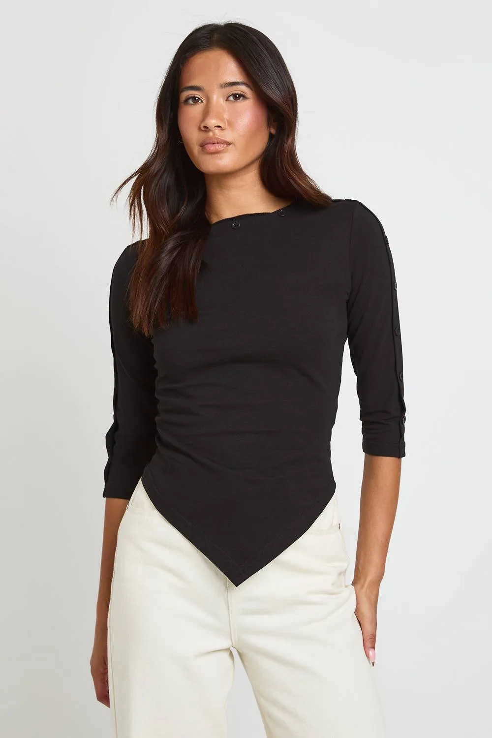 Heavy Cotton Button Detail 3/4 Sleeve Top by boohoo