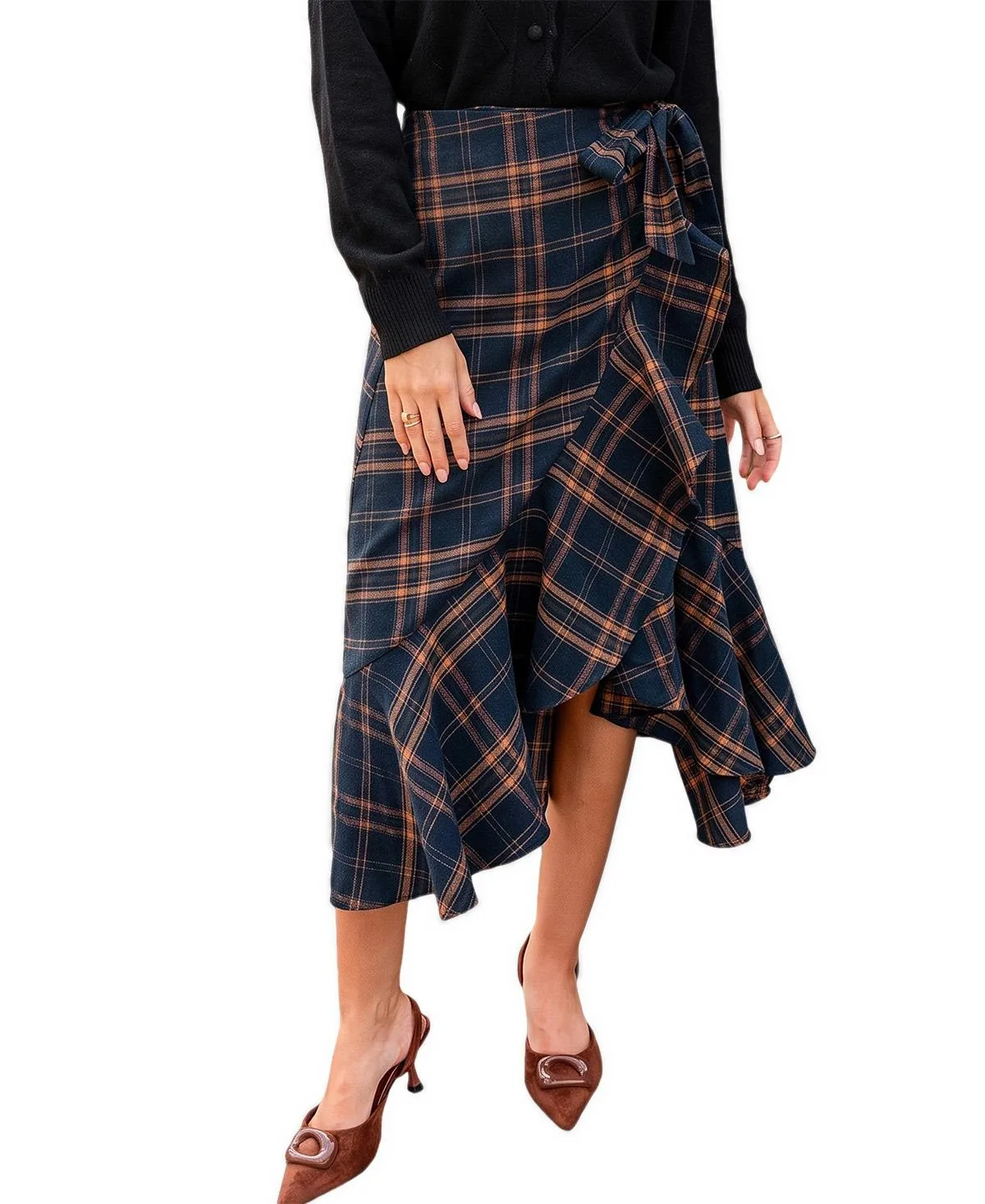 Extra Credit Plaid High-Waisted Asymmetrical Midi Skirt