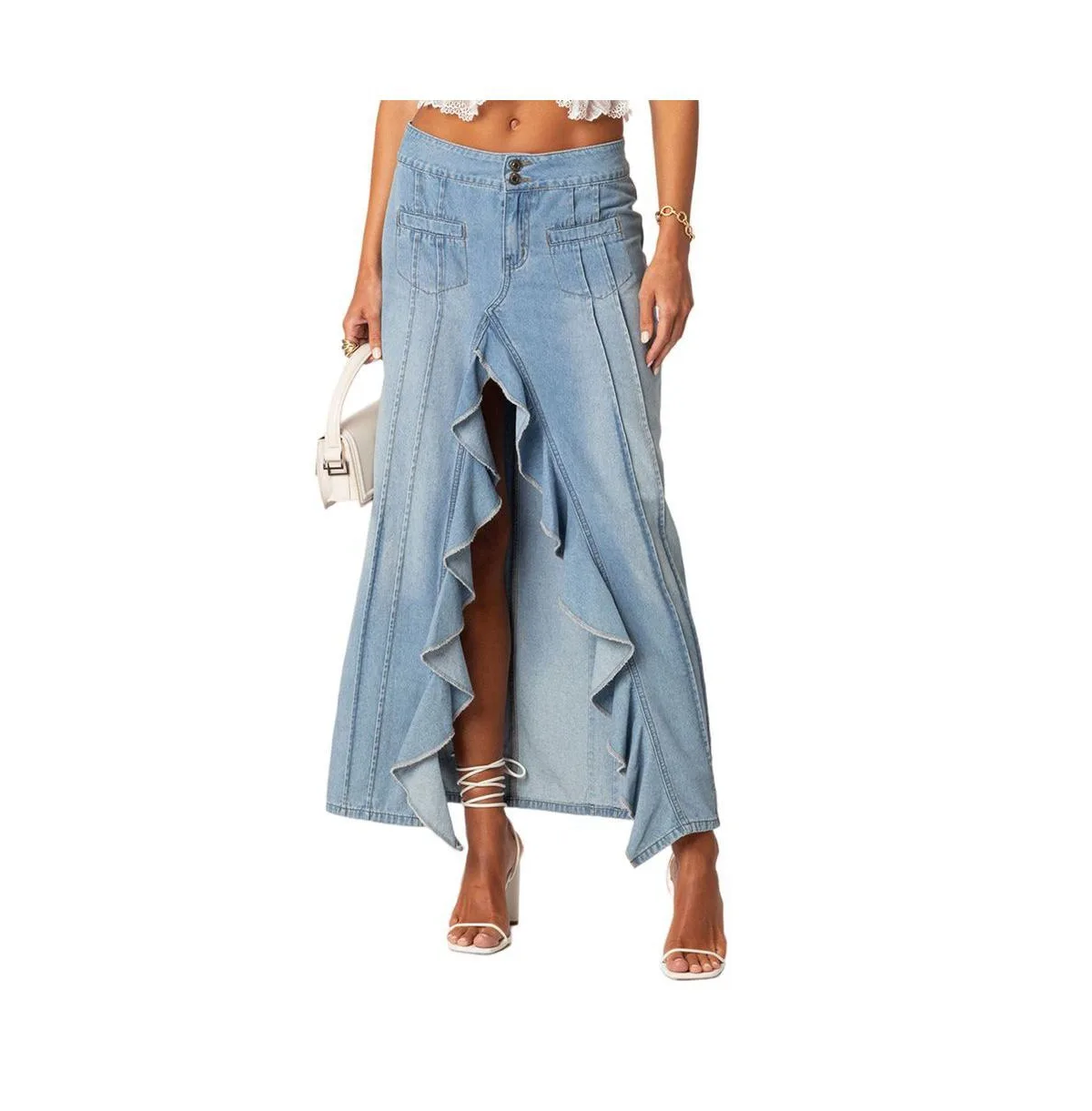 Valencia Ruffle Slitted Denim Maxi Skirt by Edikted
