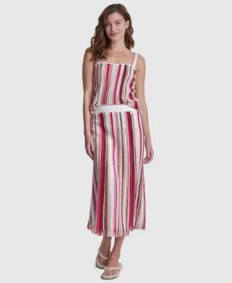 Striped Pointelle Stitch Bandeau Knit Cotton Tank Top Striped Midi Skirt by Dkny Jeans