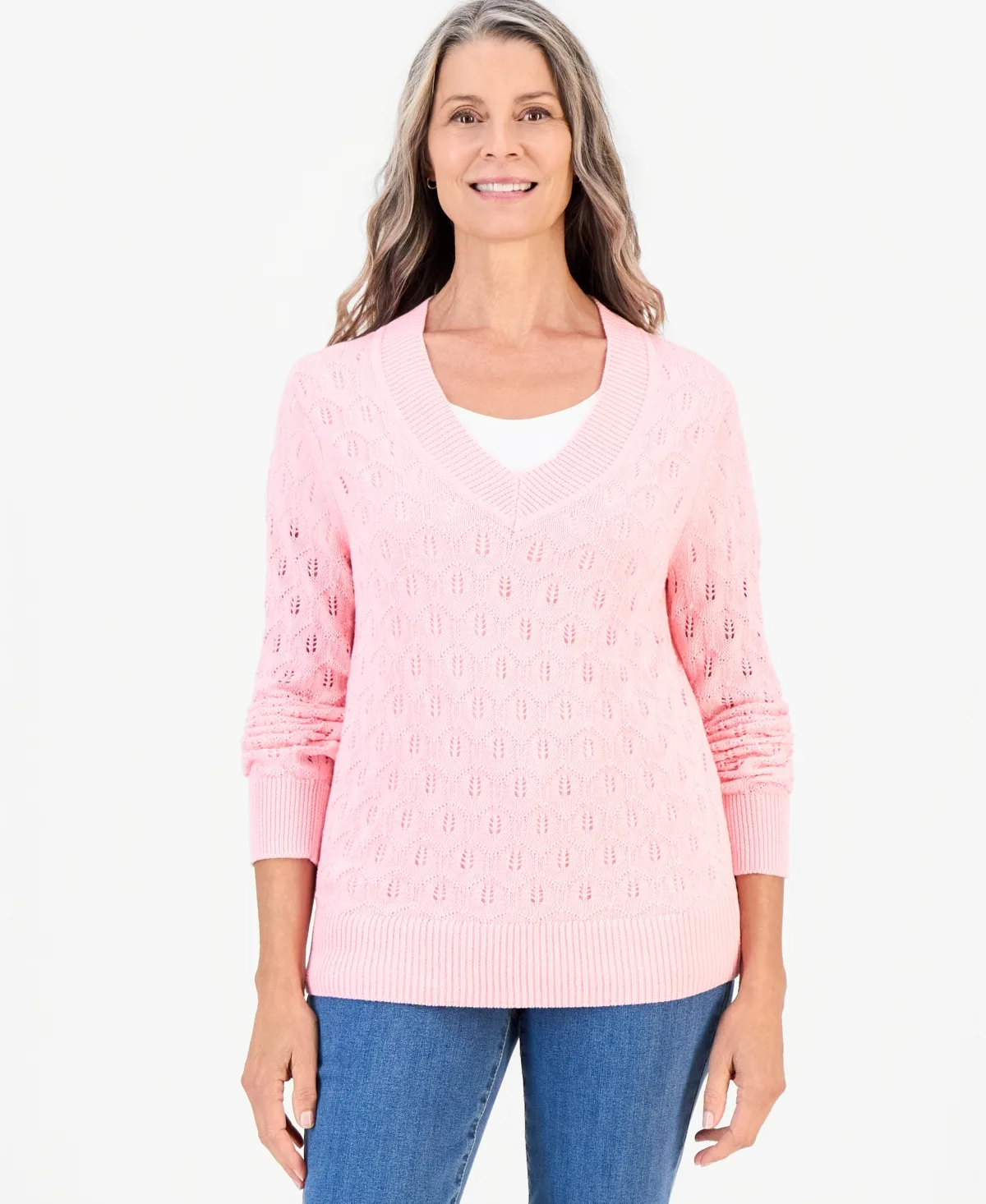 V-Neck Cotton Pointelle Sweater by Style & Co