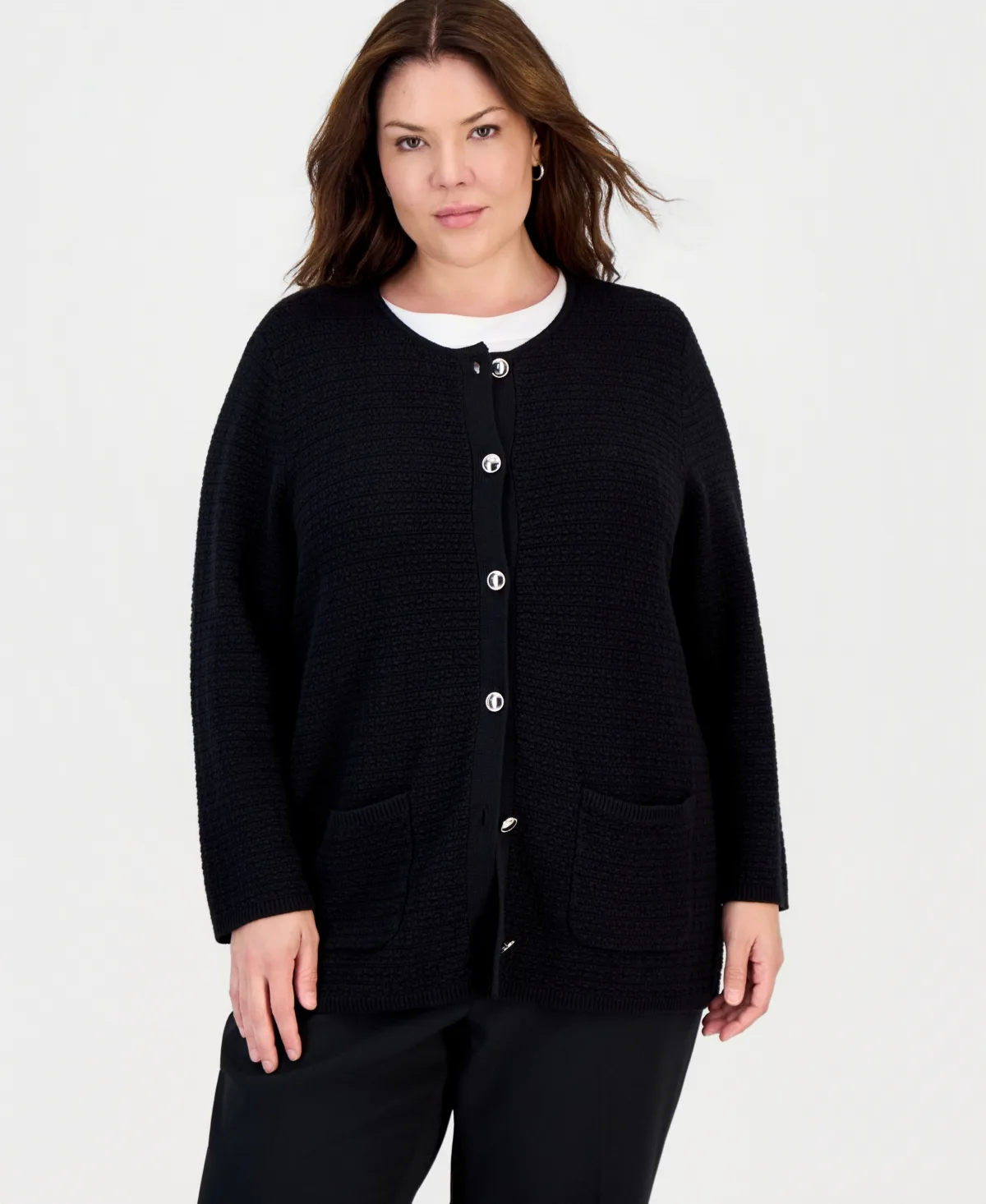 Textured-Knit Patch-Pocket Cardigan by Kasper