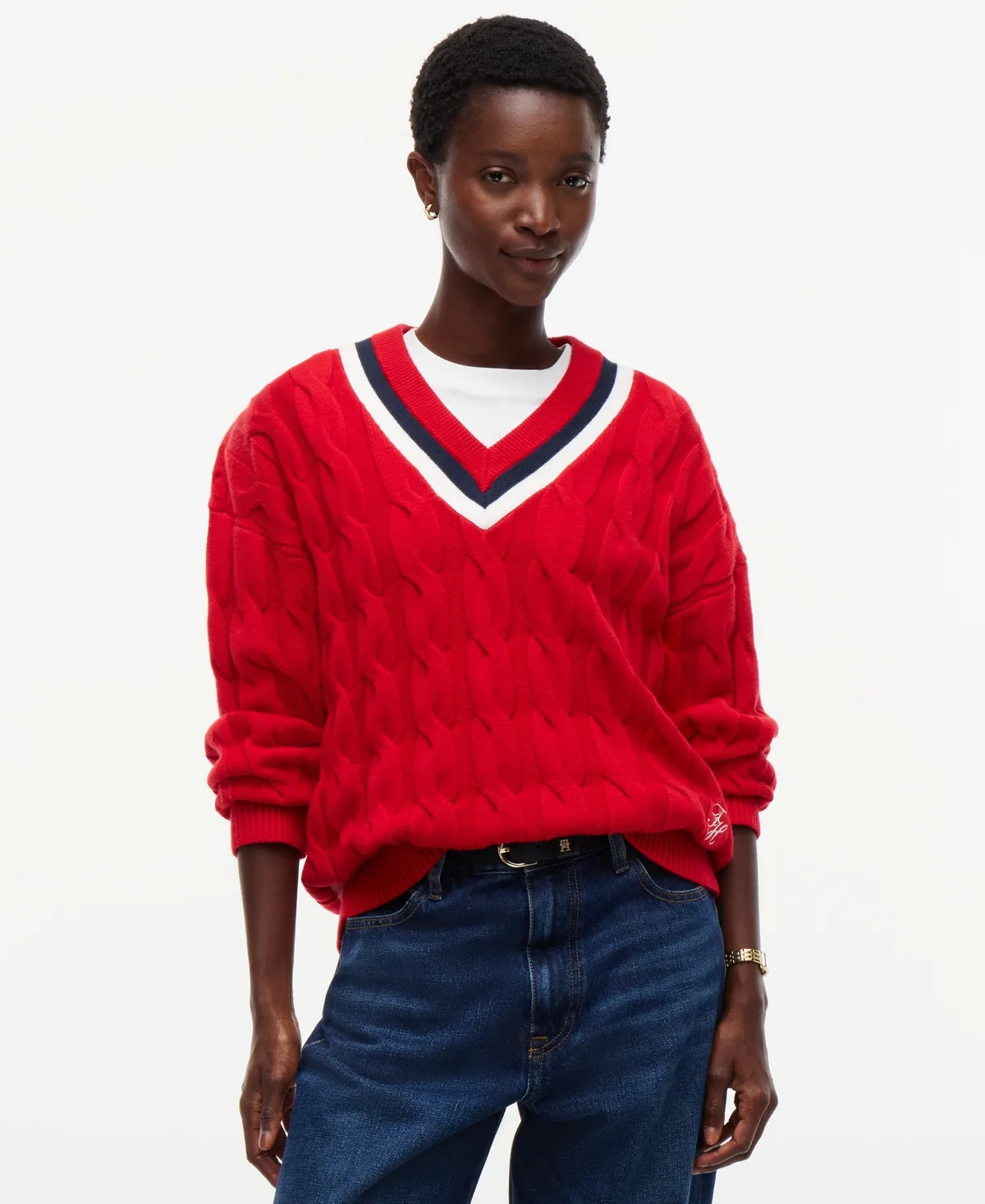 Cricket Cable-Knit V-Neck Oversized Sweater by Tommy Hilfiger