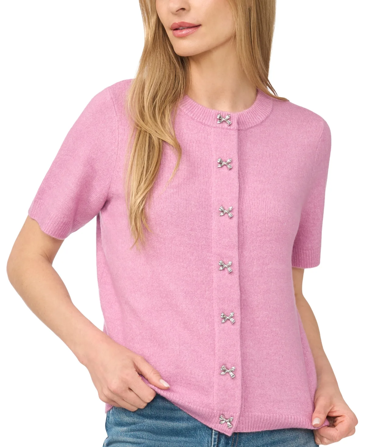 Short Sleeve Bow Button Cardigan Sweater by Cece