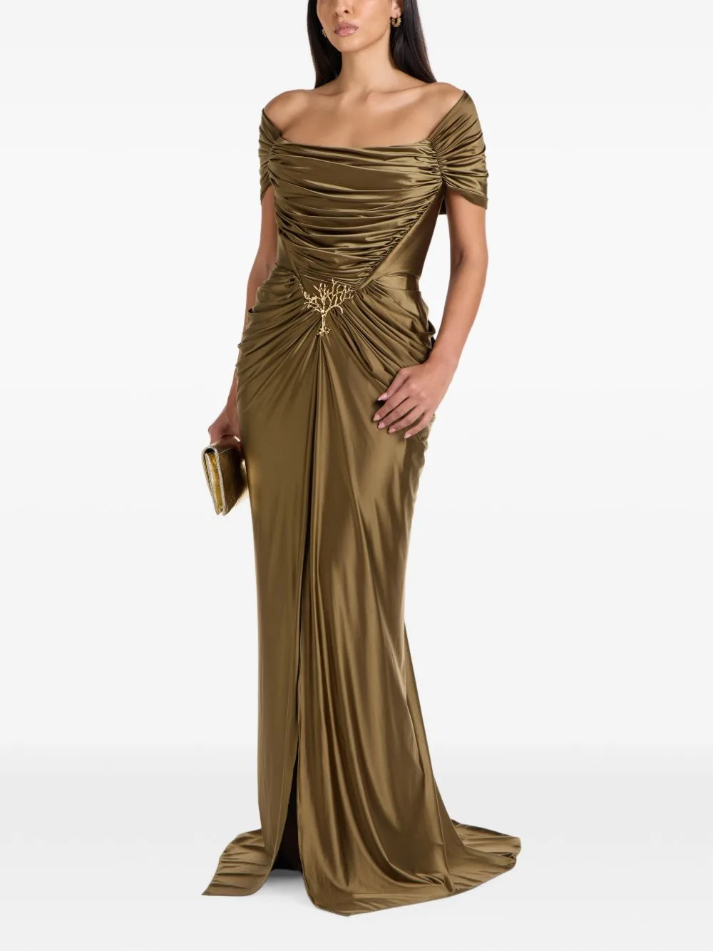 Lorene Gathered Brooch-Detail Dress by Rhea Costa