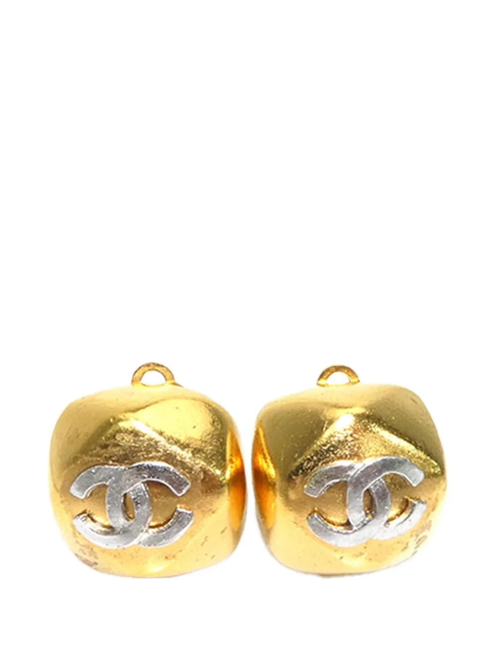 1998 CC Two Tone Brass Clip on Earrings Costume Earrings by CHANEL Pre-Owned
