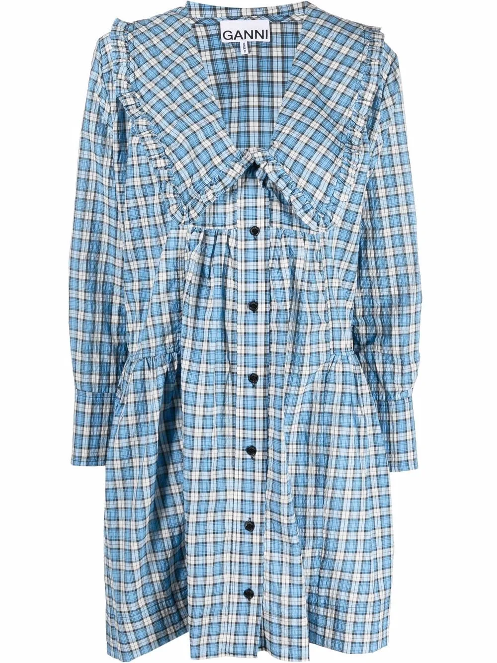 Seersucker Check-Print Gathered Dress by GANNI