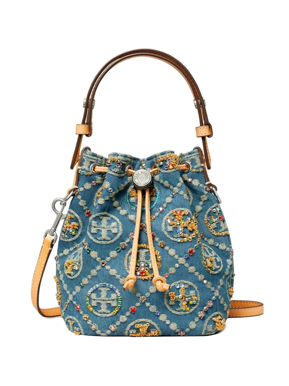 Mini Monogram-Pattern Denim Bucket Bag by Tory Burch