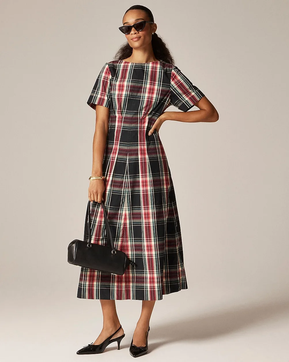 Short-Sleeve Midi Dress in Tartan Cotton Blend by J.Crew