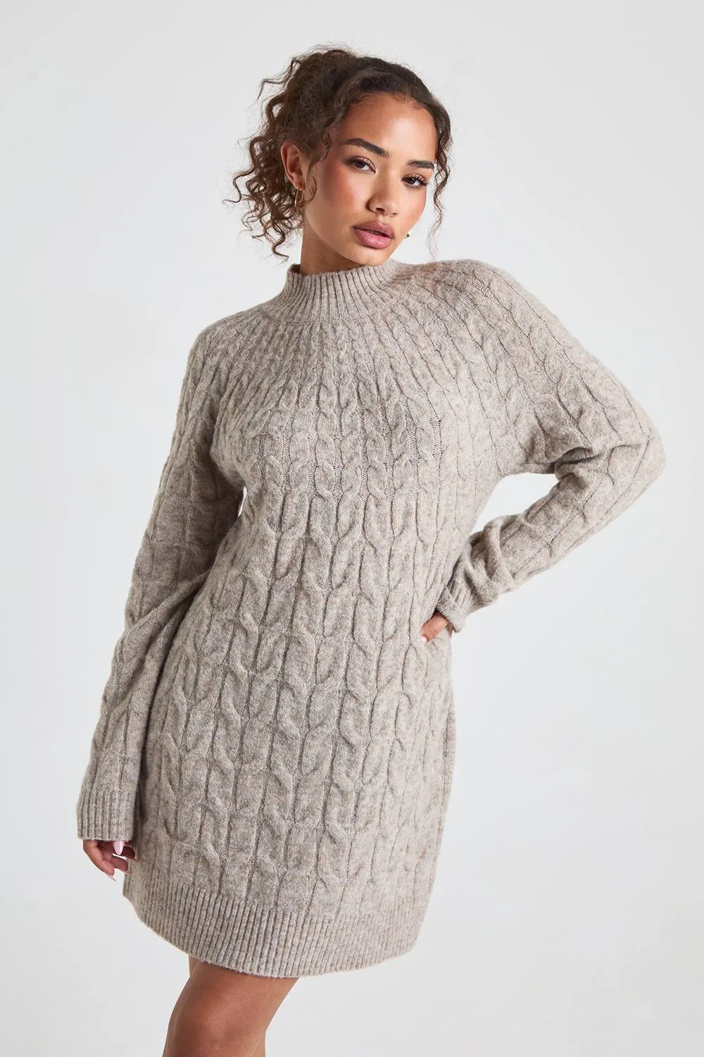 Cable Detail High Neck Knitted Mini Dress - Stone