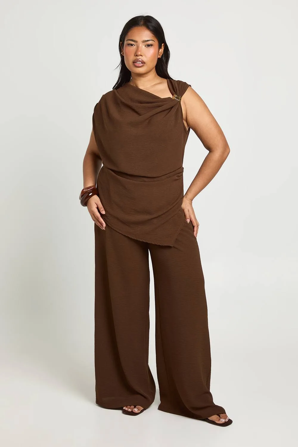 Cowl Neck Trim Detail Top Cinched Back Detail & Wide Leg Trouser Co Ord by boohoo