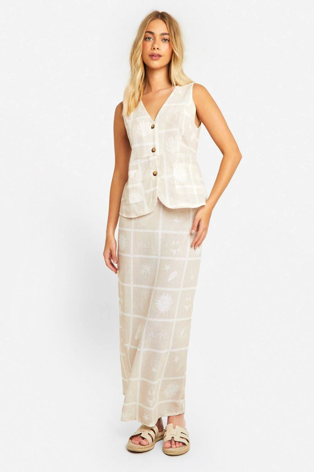 Linen Look Tile Print Waistcoat & Column Maxi Skirt - Stone by boohoo