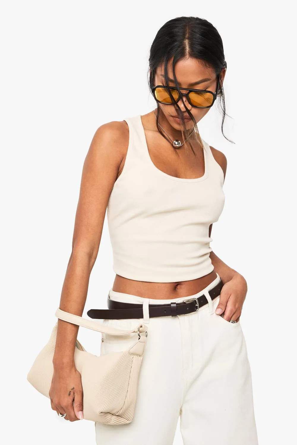 Basic Rib Scoop Neck Racer Back Vest Top - Stone by boohoo