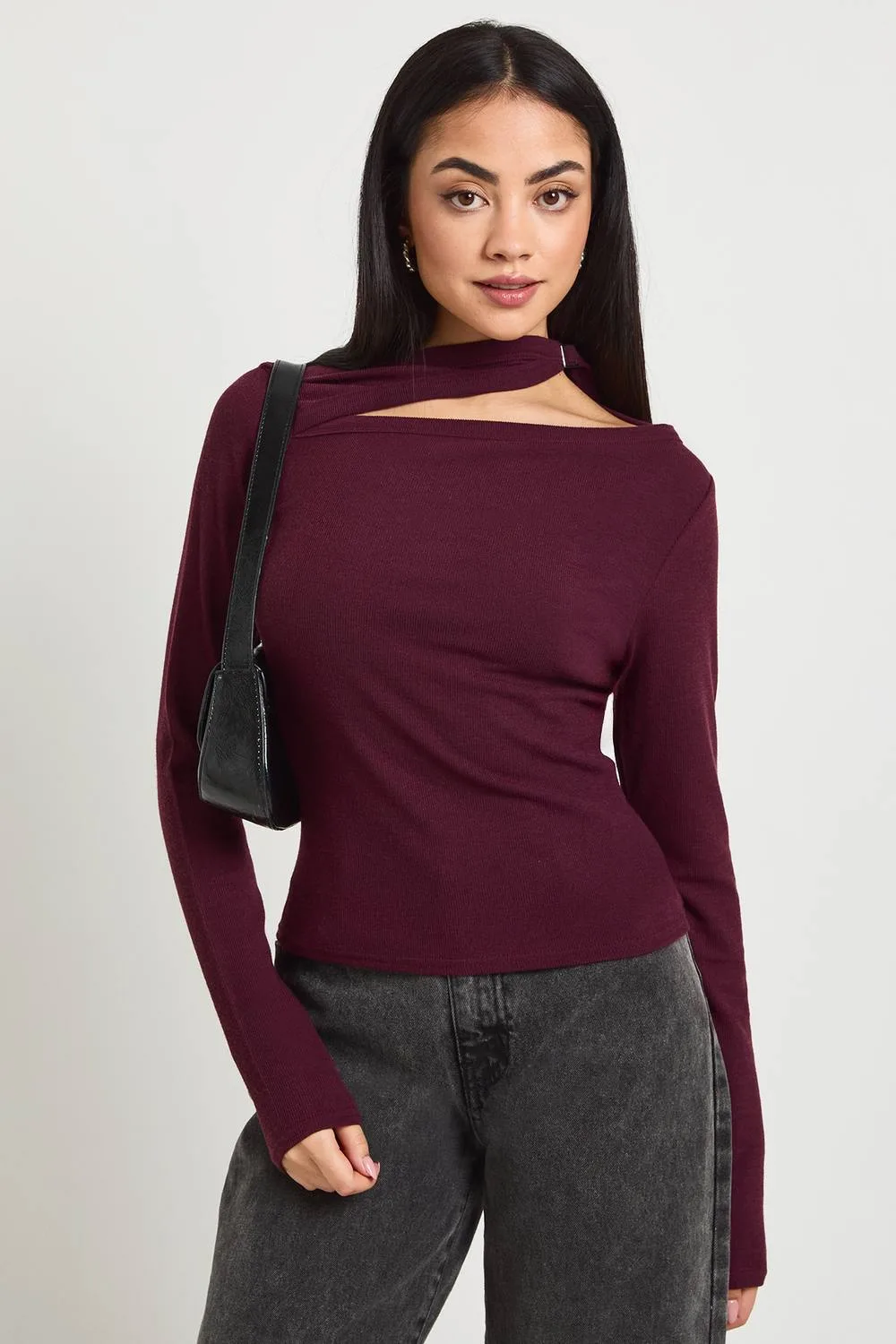 Ribbed Slashed Neck Top with Trim Tie Neck by boohoo