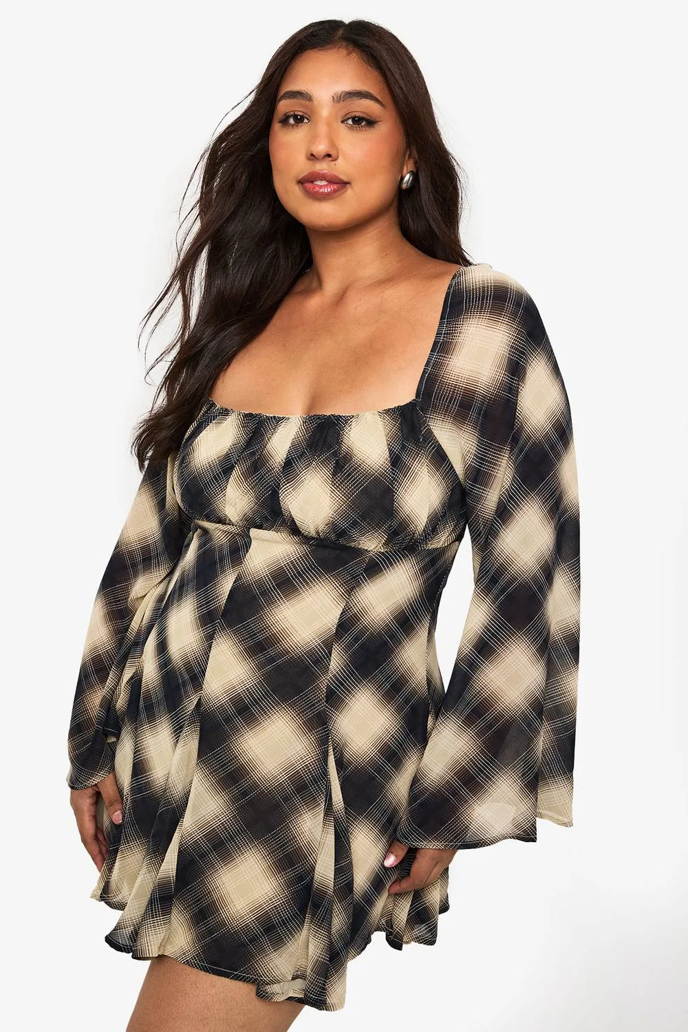 Check Godet Skater Dress - Stone by boohoo