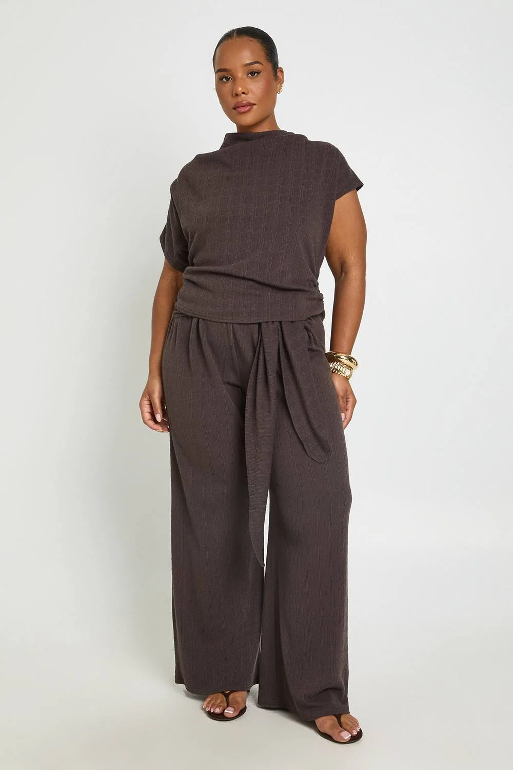 Slouchy Off-The Shoulder Top & Tie Waist Wide Leg Trouser by boohoo