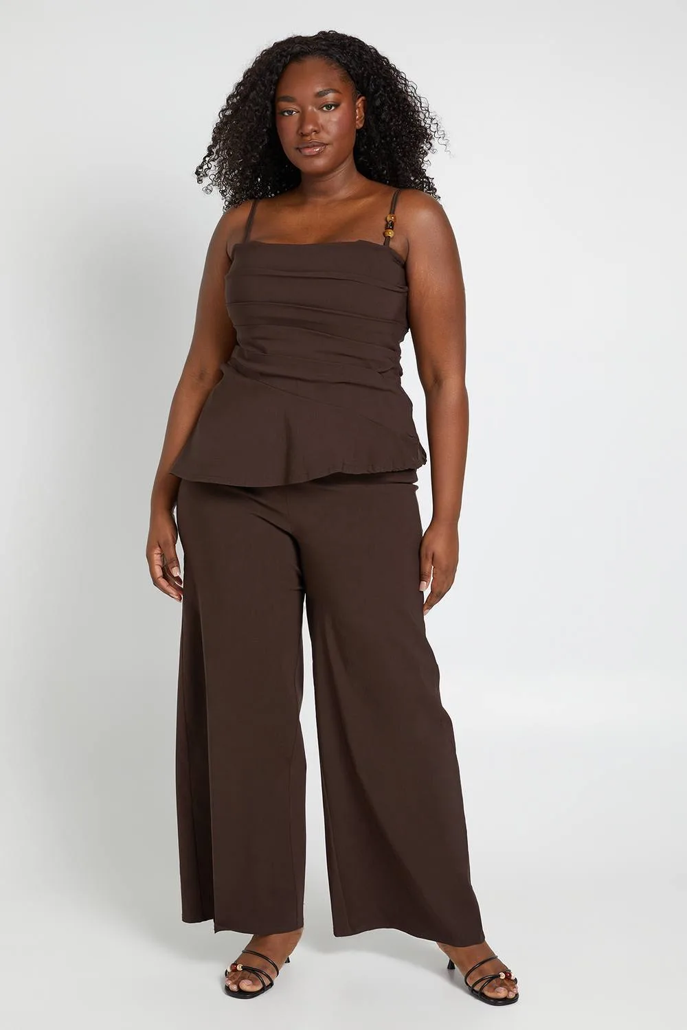 Bengaline Bead Detail Asym Ruched Top & Wide Leg Trouser Co Ord by boohoo