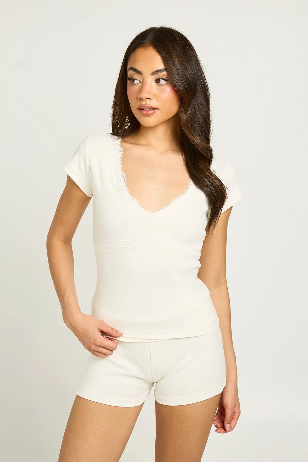 Ribbed Lace Trim Cap Sleeve Top by boohoo
