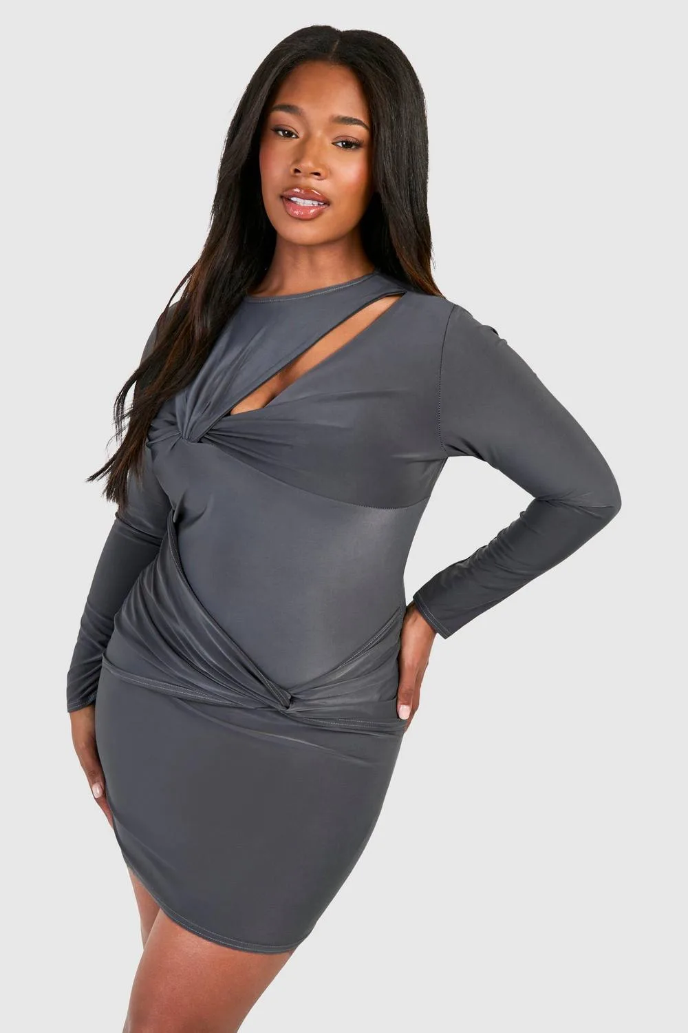 Knot Detail Long Sleeve Slinky Mini Dress by boohoo