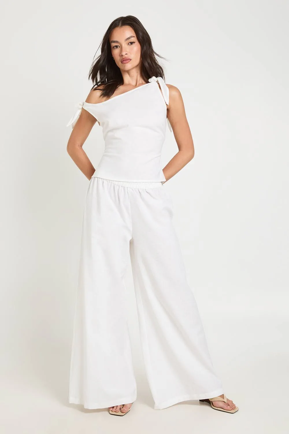 Linen Look Tie Shoulder Top & Extreme Wide Leg Trouser Co-Ord by boohoo