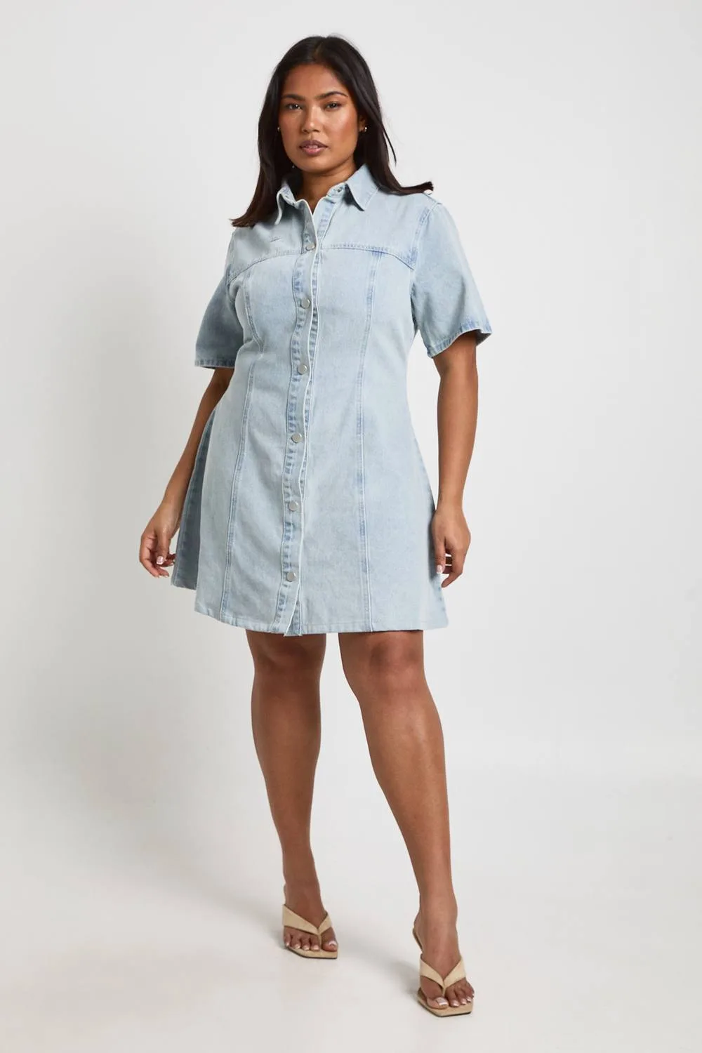Short Sleeve Cinched Waist Denim Dress by boohoo