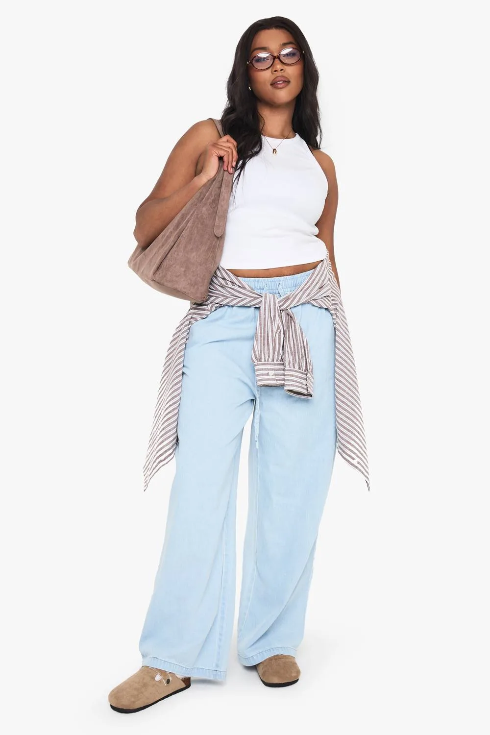 Chambray Drawstring Wide Leg Trouser