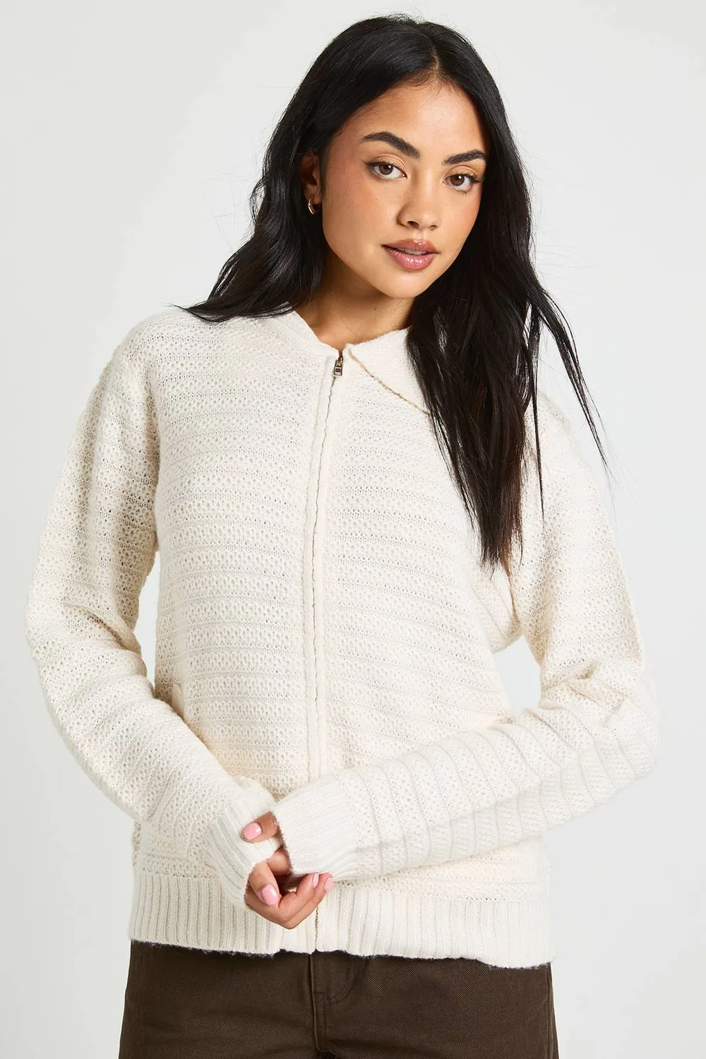 Textured Knit Collar Detail Zip Through Knitted Cardigan