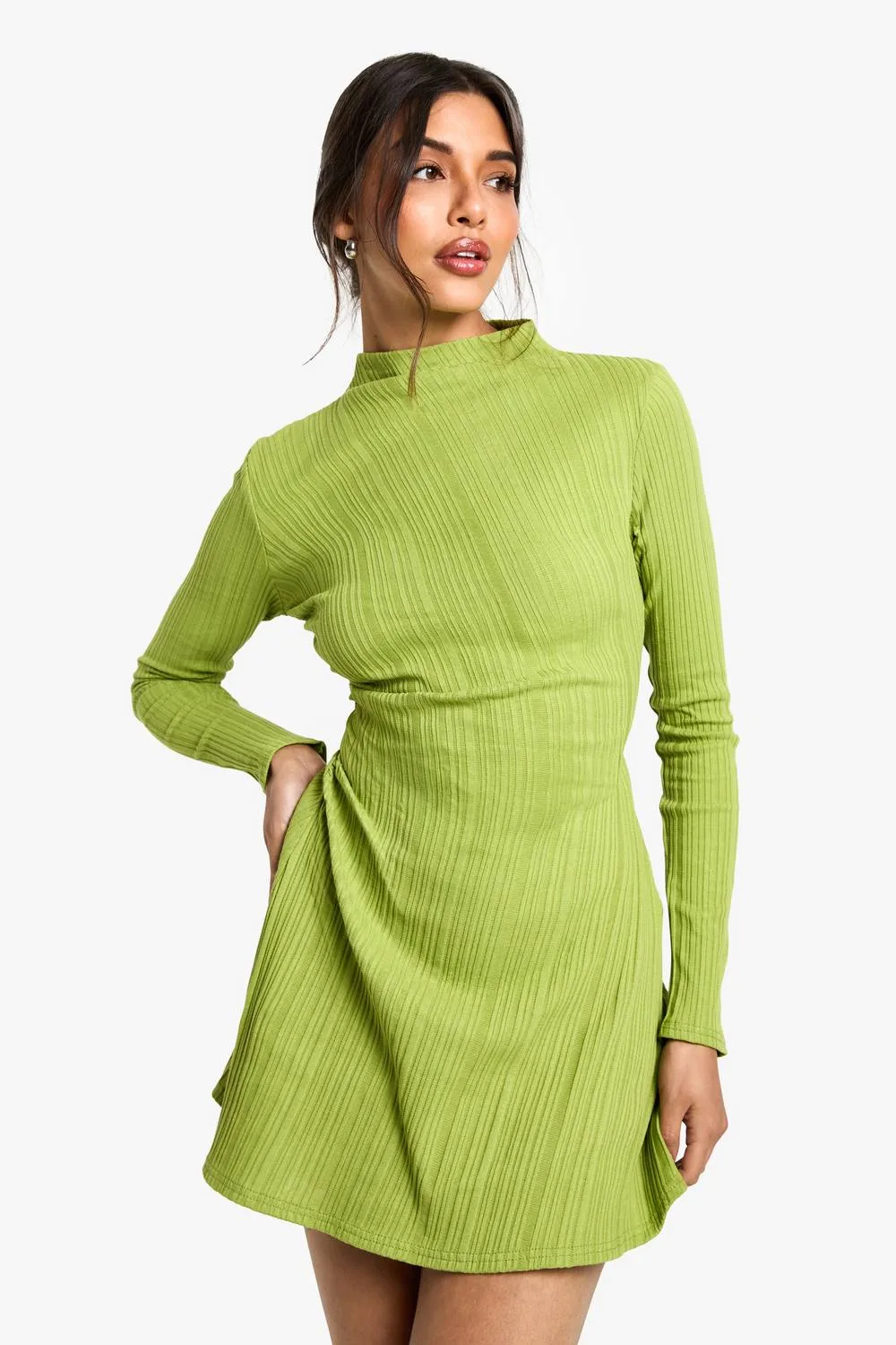 High Neck Ruched Side Skater Dress by boohoo