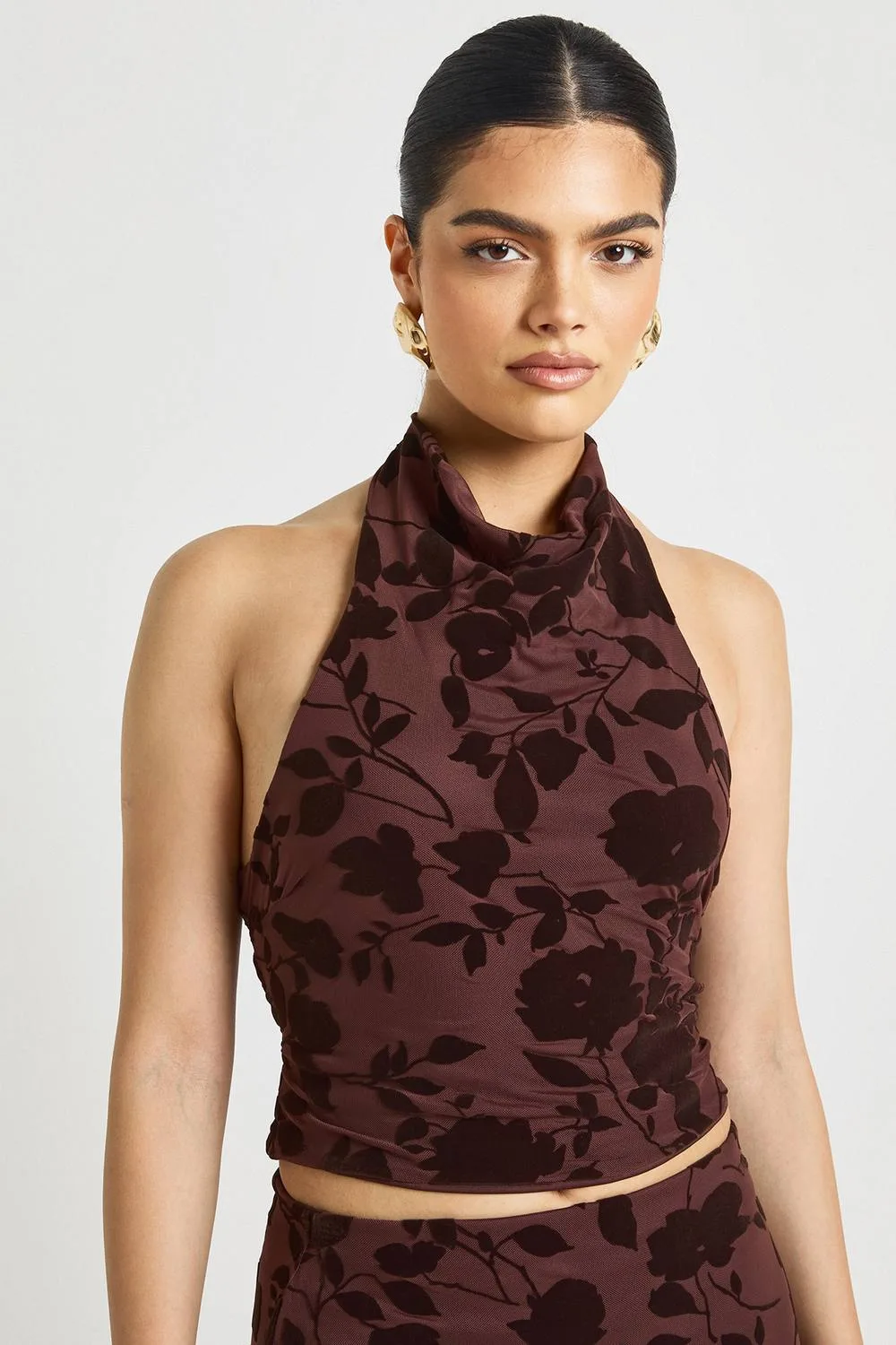 Floral Devoure Cowl Halterneck Top by boohoo