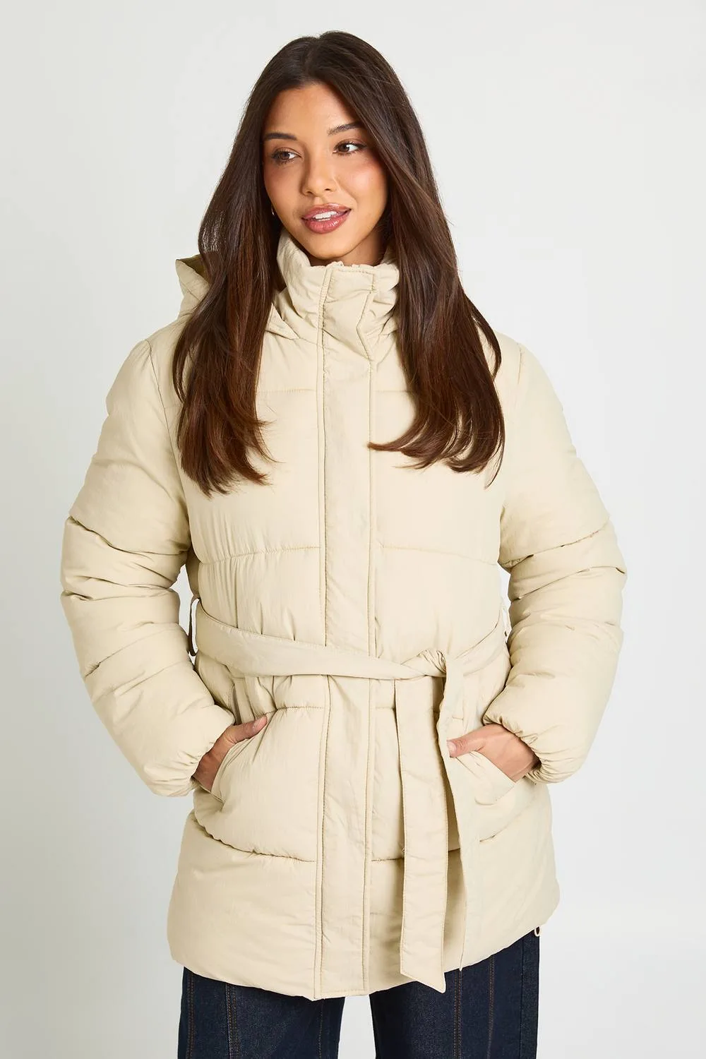 Hooded Belted Puffer Jacket - Stone by boohoo