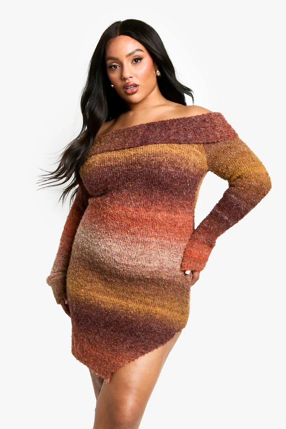 Ombre Fluffy Knit Bardot Mini Dress by boohoo