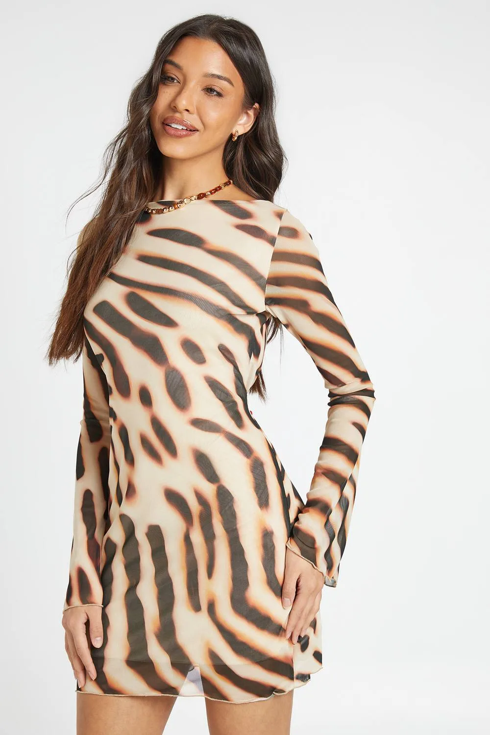 Animal Printed Mesh Flare Sleeve Mini Dress by boohoo