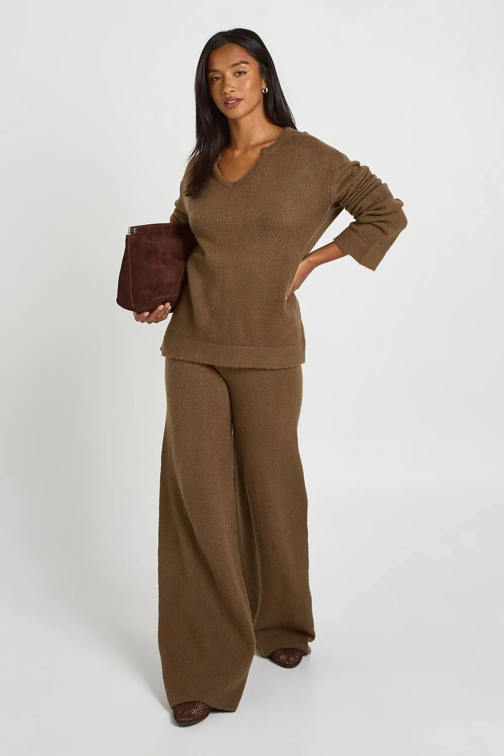 V Neck Detail Jumper & Wide Leg Trouser Co-Ord by boohoo