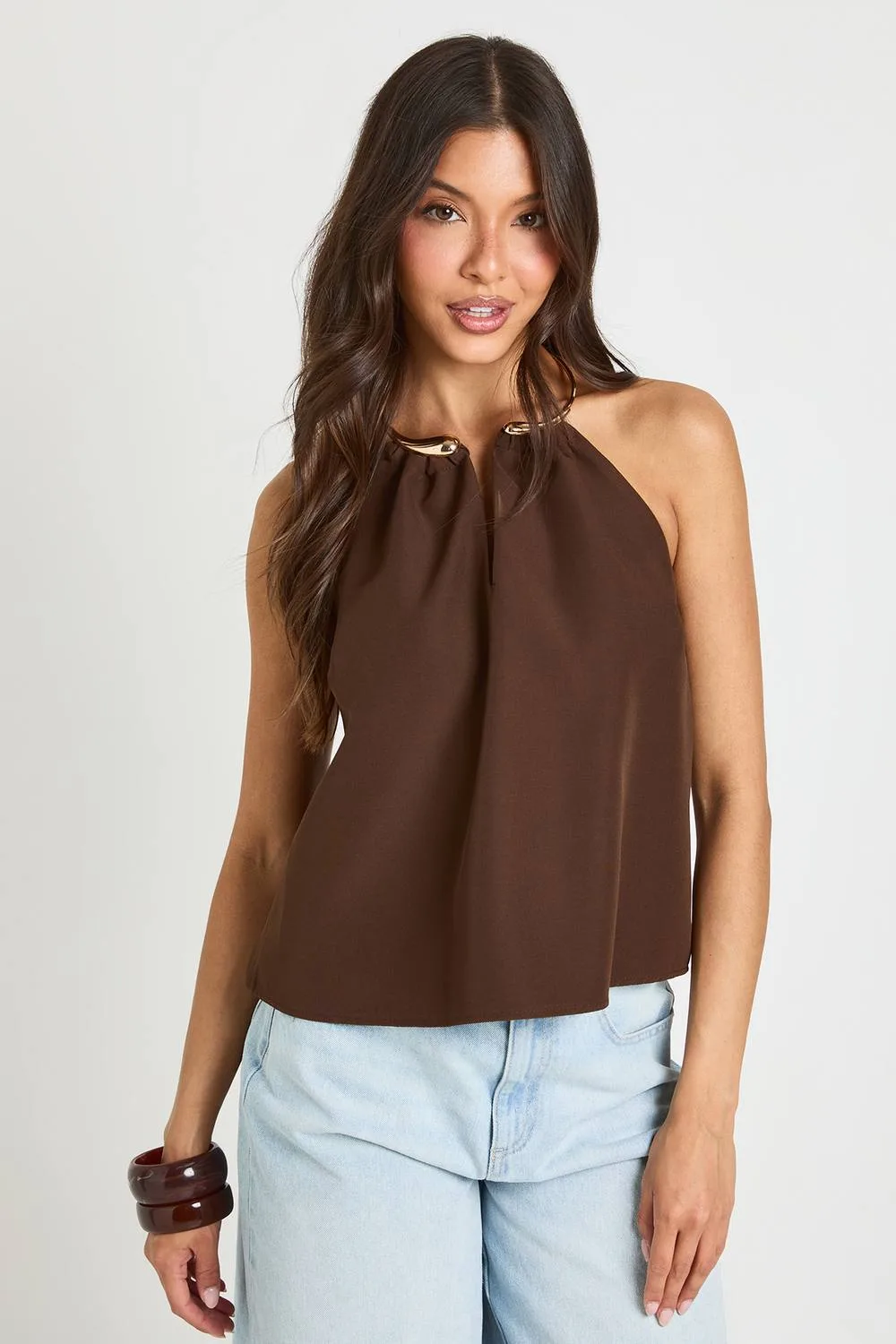Gold Trim Crepe Halterneck Top